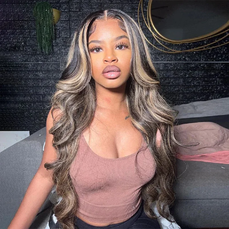 Human - hair wig with a silk - base cap for a comfortable and smooth feelSterly Balayage Highlight Wig Transparent Lace Frontal Wigs Honey Blonde Brown Wigs