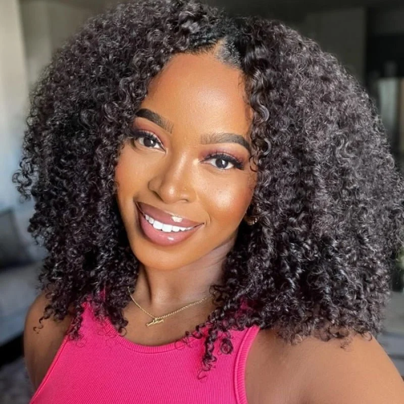 Human - hair wig with a wavy texture for a beachy and relaxed lookBeginner Friendly Thin V Part Wig Natural Scalp Curly Human Hair Upgrade U part Wig No Leave out