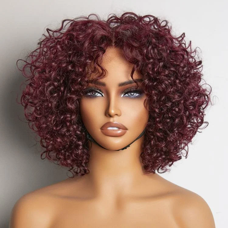 Human - hair wig with a curly texture for a bold and stylish choiceTrendy Burgundy Curly Bob Glueless Minimalist HD Lace T Part 99J Hair Color Wig 100% Human Hair