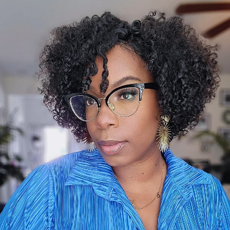 Lace wig in a chocolate - brown color for a rich and warm appearanceTrendy Side Part Short Curly Pixie Cut Virgin Human Hair Glueless Lace Wigs [T01]