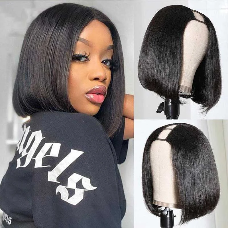 Virgin - human - hair wig with a natural - looking texture for a luxurious feelU Part Wig Human Hair 8-14Inch Brazilian Straight Short Bob Wig