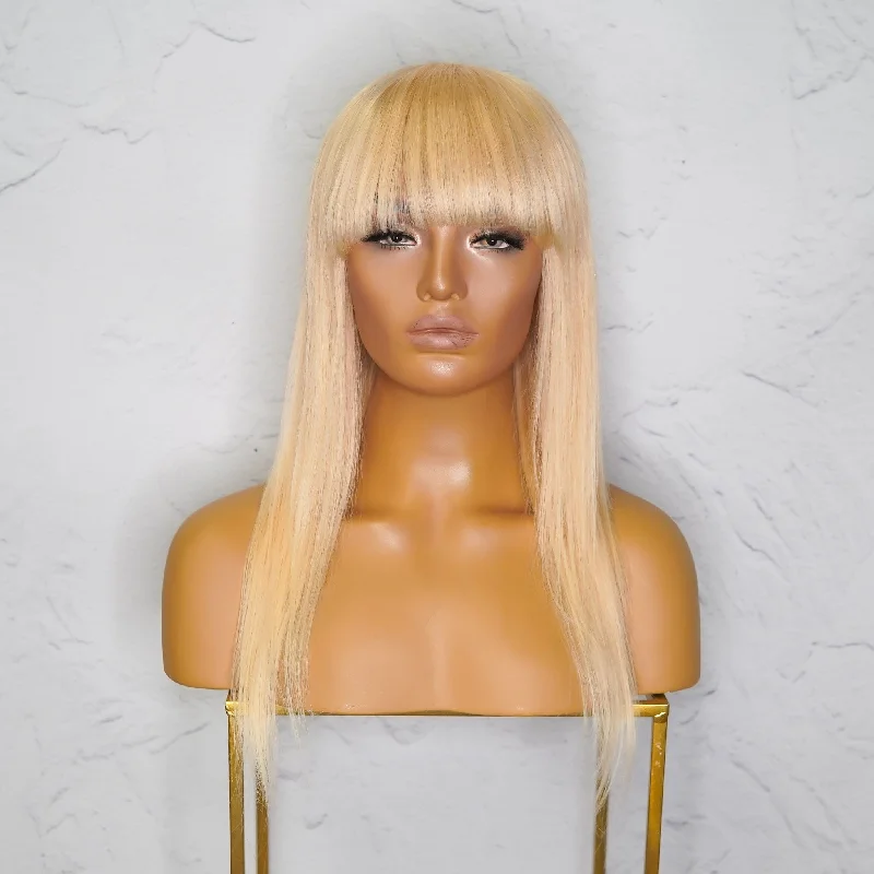 Brazilian - human - hair wig with a full and voluminous lookVICTORIA Blonde Human Hair Fringe Wig 20" **READY TO SHIP**