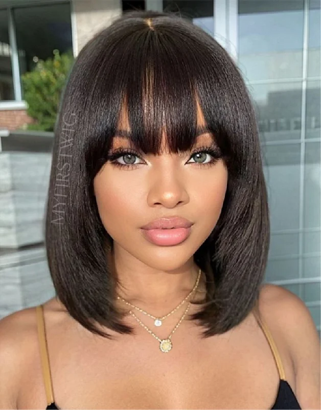 Lace - front bob wig for a seamless hairline12 Inch Bob With Bangs Layers Wig HD Lace Wear & Go Glueless Wig - CLB023