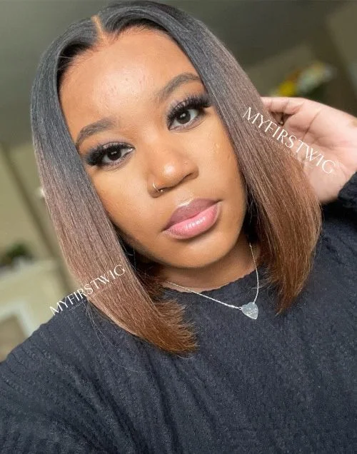 Bob wig with side - swept bangs for a sophisticated look12 Inch Yaki Ombre Brown Bob Wig HD Lace Wear & Go Glueless Closure Wig - CLB008