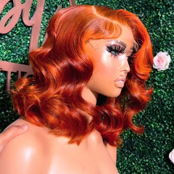 Colored wig with a pre - bleached knot for a natural - looking scalp13x4 Ginger Orange Body Wave Lace Front Wig Short Bob Wig 14 Inch Barrel Curls Wig Glueless Human Hair Wig