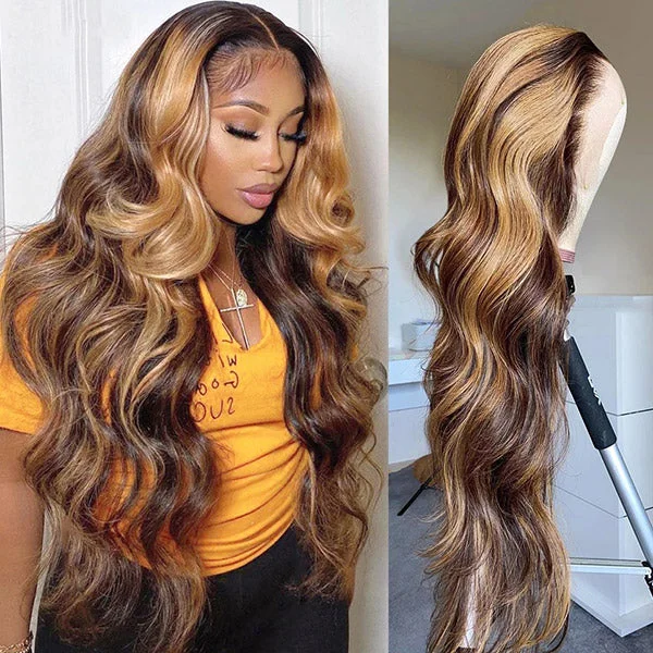 Colored wig with a wavy texture for a beachy and fun lookBlonde Highlighted Wig Body Wave Human Hair Wig 13x4 HD Lace Front Wigs 200% Density with Pre Plucked