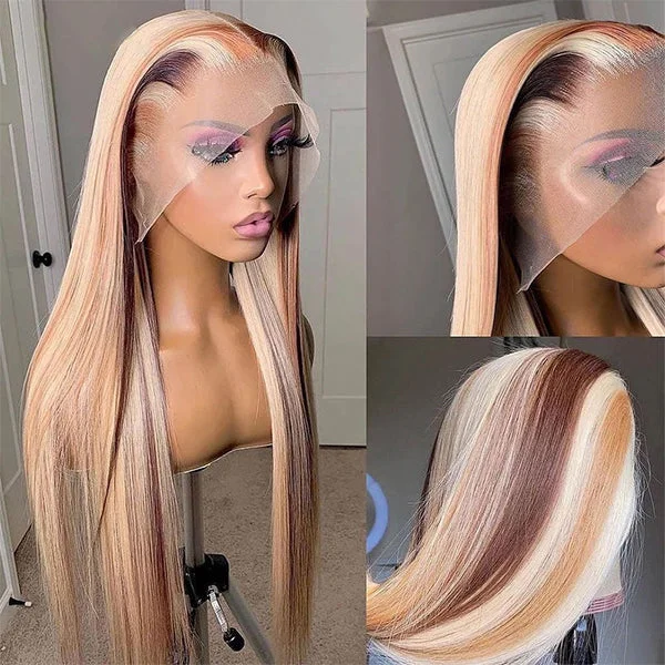 Colored wig in a vibrant pink color for a bold and eye - catching lookGlueless Wigs 13x4 HD Lace Front Wigs Straight Human Hair Wigs Honey Blonde Brown 613 Balayage Highlight Colored Wigs