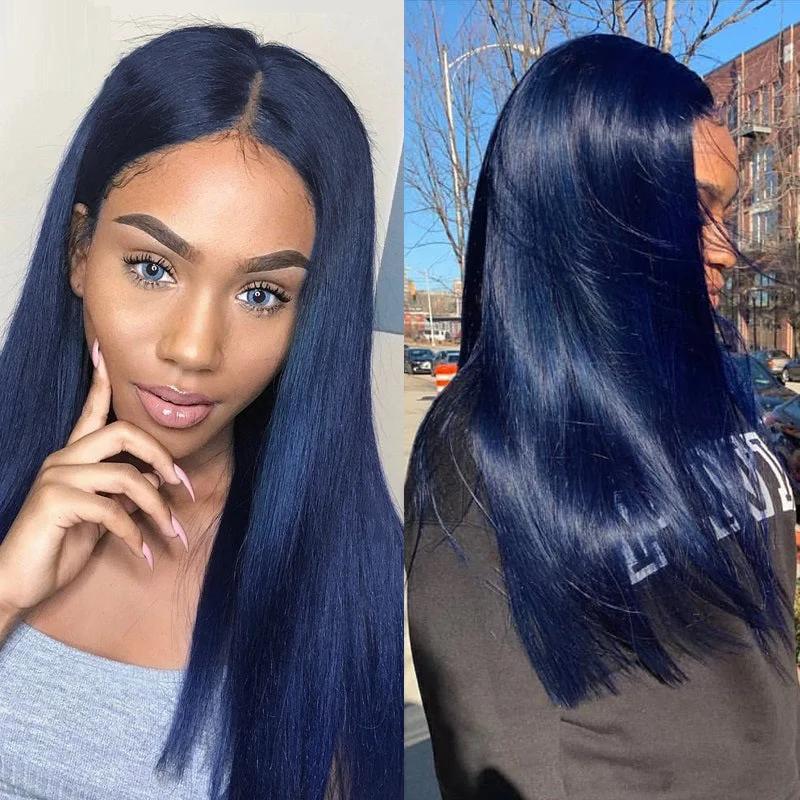 Colored wig with a red - orange hue for a warm and energetic lookPretty Dark Blue Transparent Lace Wigs Straight Virgin Hair Wigs 13X4 HD Lace Wig