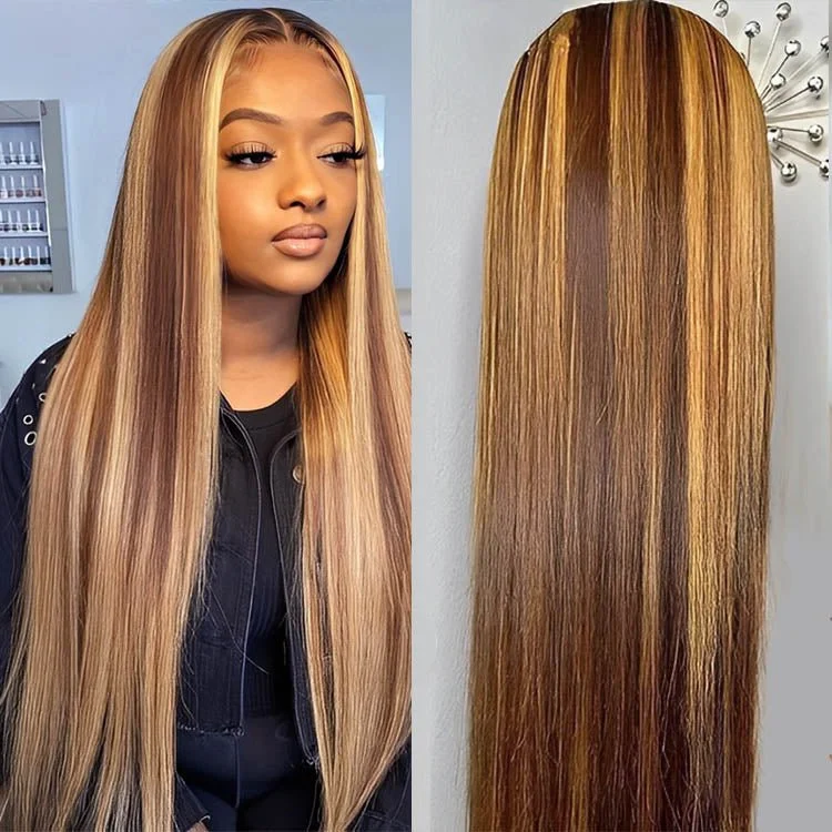 Human - hair colored wig for a natural and luxurious feelReadytoGo Glueless 13x4 Straight Highlight Lace Frontal P4/27 Honey Blonde Wigs