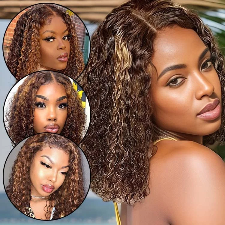 Colored wig with a pre - bleached knot for a natural - looking scalp13x4 Lace Frontal Highlight Water Wave Bob Wig