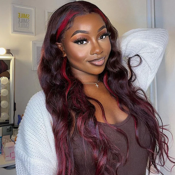 Colored wig with a middle - part for a classic and elegant style13x4 Lace Frontal Wig Sexy Loose Wave Ombre Highlight Dark Burgundy with Rose Red Wig