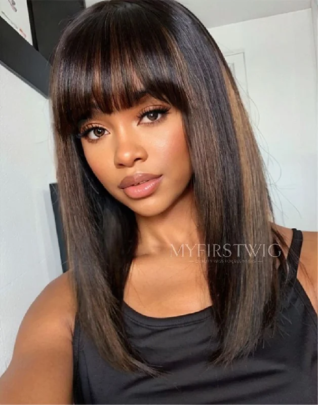 Bob wig in a jet - black color for a classic appearance14-16 Inch Highlight Brown Bob With Bangs HD Lace Wear & Go Glueless Wig - CLB013