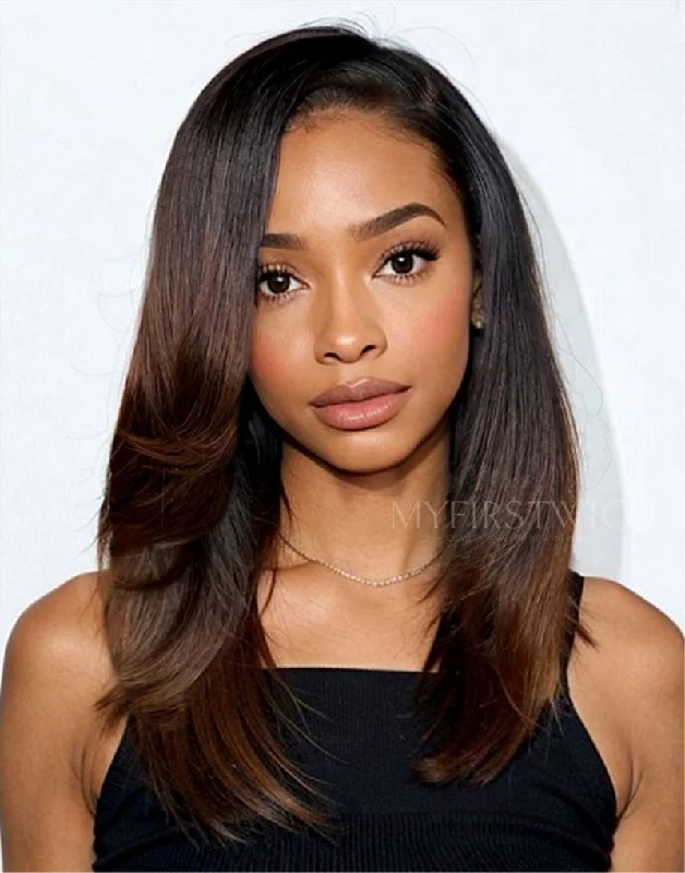 Bob wig with auburn highlights for a warm and vibrant appearance14-16 Inch Ombre Brown Long Layers Bob HD Lace Wear & Go Glueless Wig - CLB019