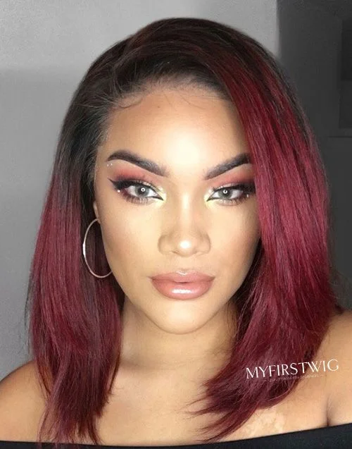 Bob wig with a balayage effect for a natural - looking color transition14-16 Inch Ombre Burgundy Bob HD Lace Wear & Go Glueless Wig - CLB015