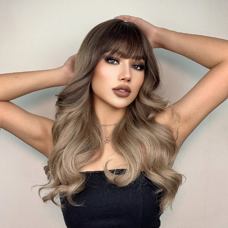 Human - hair colored wig for a natural and luxurious feel2 Shades 23 Inches Cute Wavy Synthetic Wig(skin like top)