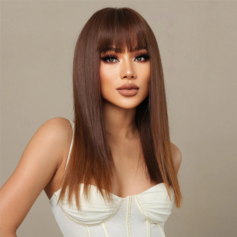 Colored wig with a red - orange hue for a warm and energetic look18 Inches Narural Warm Brown Straight Synthetic Wig- Carice