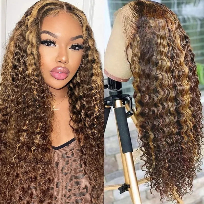 Human - hair colored wig for a natural and luxurious feelHighlight Deep Wave 5x5 Lace Closure Wig 180% Density Ready To Wear Glueless Wigs with Pre Plucked Hairline