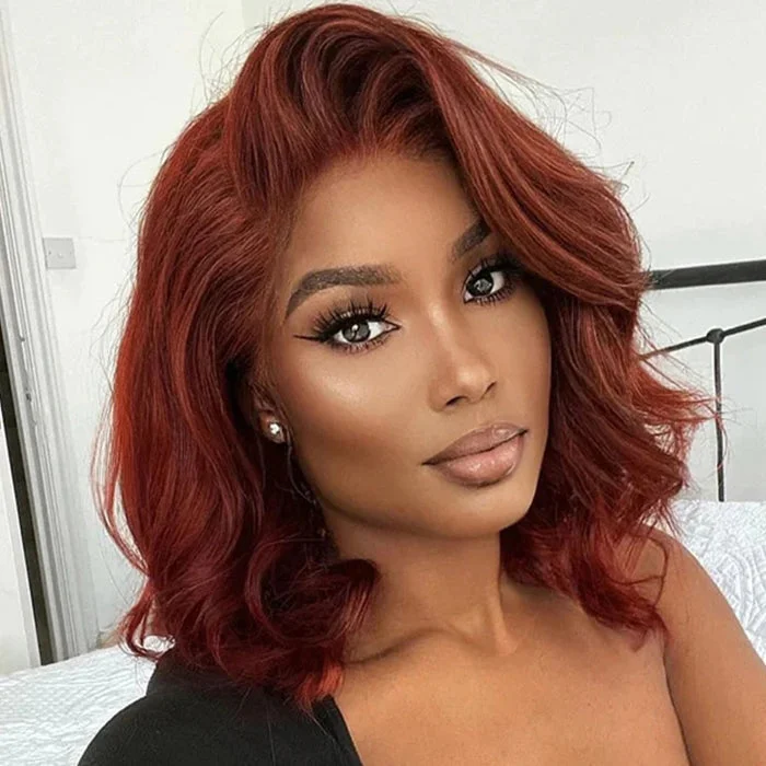 Colored wig with a side - part for a more flattering appearance2023 New Short Bob Red Brown Wig #33 Dark Auburn Color 13x4Bob Lace Frontal Wigs