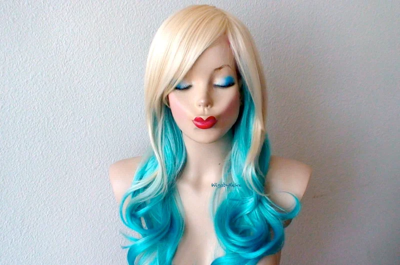 Colored wig with a 150 - density for a full and thick appearance24" Blonde Teal Blue Ombre Long Curly Hair Side Bangs Wig