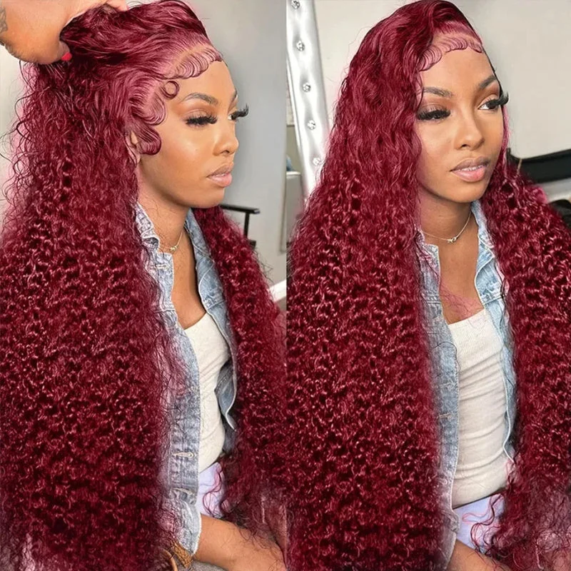 Colored wig with a silver - grey color for a trendy and cool - toned look99J Human Hair Wigs Glueless Deep Wave Lace Front Wigs Burgundy 13x4 HD Lace Frontal Wig 250 Density Wig