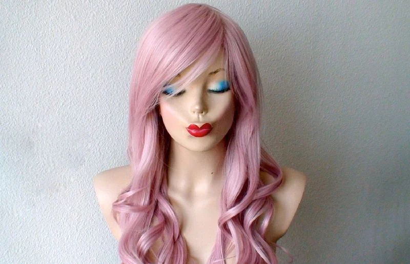 Colored wig with a silk - base cap for a comfortable and smooth feel26" Pastel Blush Pink Long Curly Hair Long Side Bangs Wig