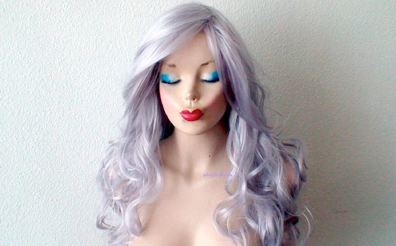 Colored wig with a silver - grey color for a trendy and cool - toned look26" Pastel Gray Long Curly Hair Long Side Bangs Wig