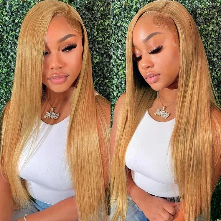 Colored wig with a side - swept bang for a sophisticated lookOneMore #27 Honey Blonde Lace Front Wig Straight Hair 13x4 HD Transparent Lace Glueless Wigs Milk Tea Brown Color Hair