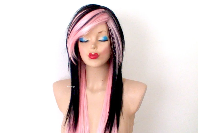 Colored wig with a pre - plucked hairline for a more natural look28" Black Pink Ombre Long Straight Hair Long Side Bangs Wig. Emo Wig. Scene Wig.