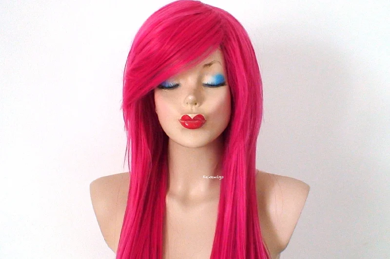 Colored wig with a wispy fringe for a soft and feminine look28" Hot pink Straight layered hair side bangs wig. Heat friendly synthetic hair wig.