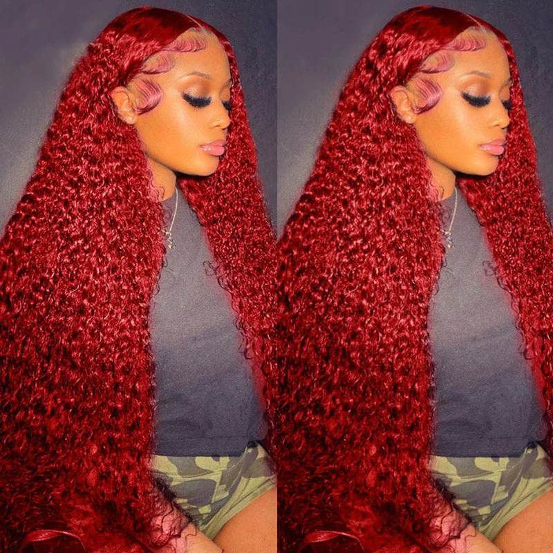 Colored wig with a wispy fringe for a soft and feminine look32 Inch Long Kinky Curly Lace Front Wigs For Women Hot Red Lace Front Human Hair Wigs Pre Plucked Glueless Wig