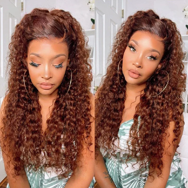 Colored wig with a red - orange hue for a warm and energetic look#33 Auburn Colored 13x4 HD Lace Front Closure Human Hair Wigs Jerry Curly Frontal Wigs Reddish Brown Wig