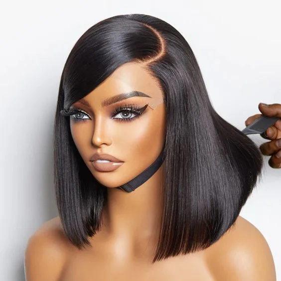 Bob wig with side - swept bangs for a sophisticated lookGlueless Blunt Cut Bone straight 5x5 Pre-Cut HD Lace Ready to Go Bob Wig 10"