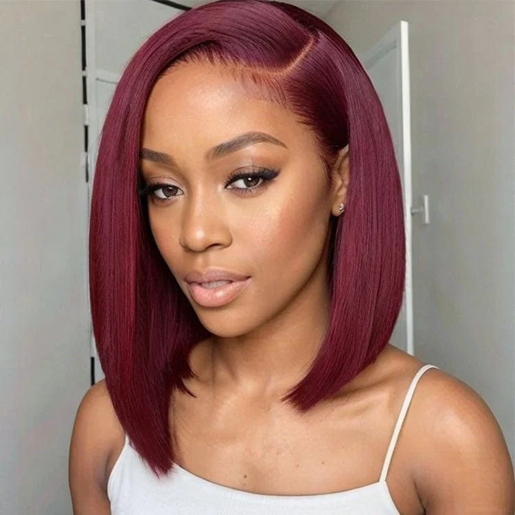 Colored wig with a wispy fringe for a soft and feminine lookGlueless 99J Burgundy  13x4  Frontal Lace Straight Short Bob Wig