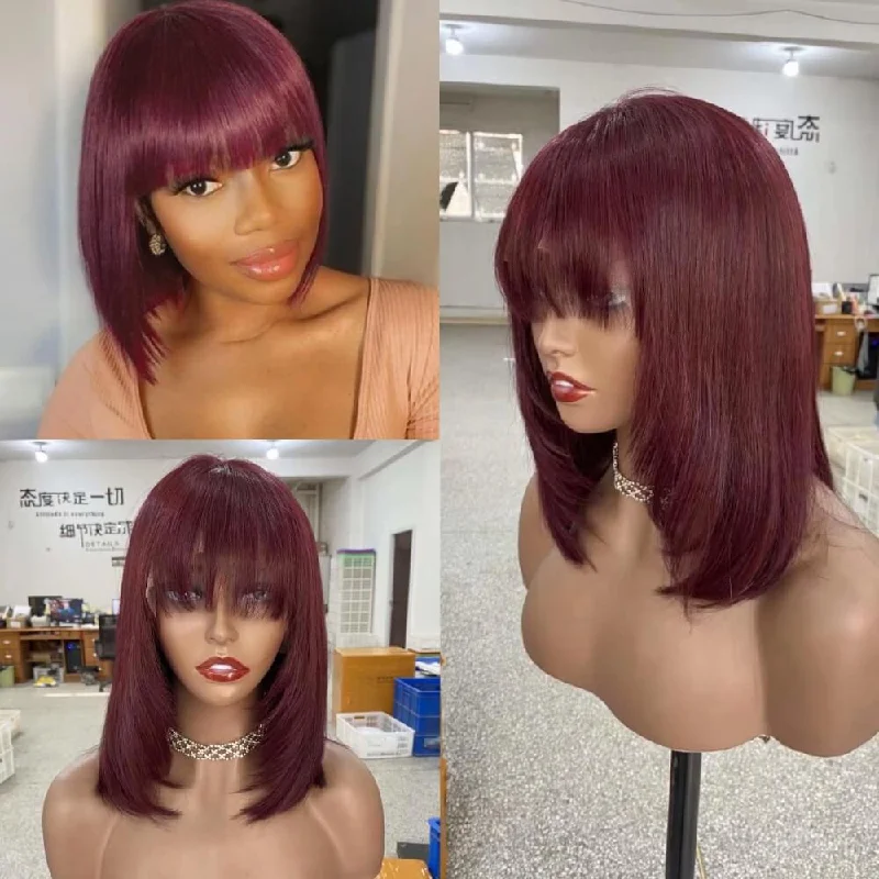 Colored wig with a silk - base cap for a comfortable and smooth feel99J Color Human Hair Bob Wig with Bangs Lace Frontal for African American