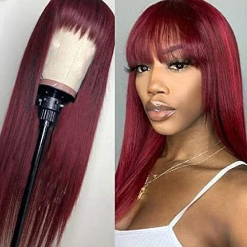 Colored wig with a pre - plucked hairline for a more natural look#99J Color Burgundy Straight Hair Machine Made Wig Human Hair Wig with Bangs