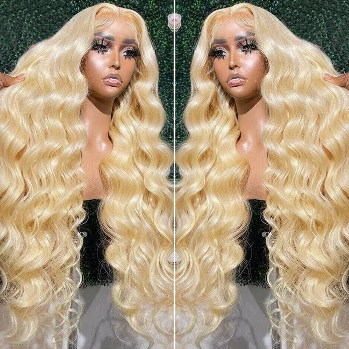 Colored wig with a wispy fringe for a soft and feminine look613 Lace Front Wig Blonde Body Wave Wig Pre-plucked Glueless 13x4 HD Lace Front Human Hair Wig with Bleached Knots