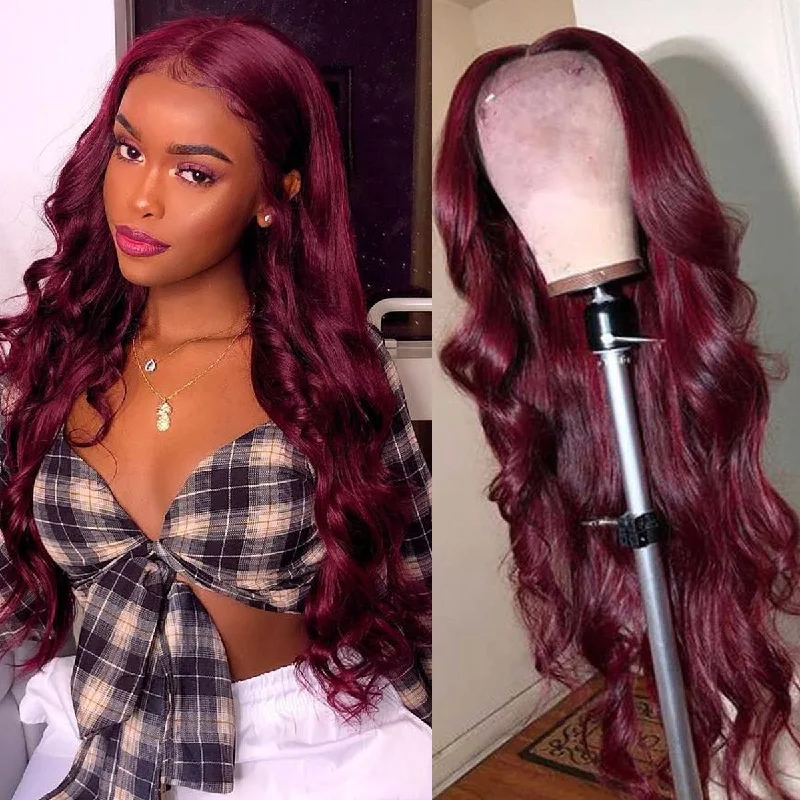 Colored wig in a vibrant pink color for a bold and eye - catching lookAngie Queen 99J Color Burgundy Body Wave Wig Lace Front Wig