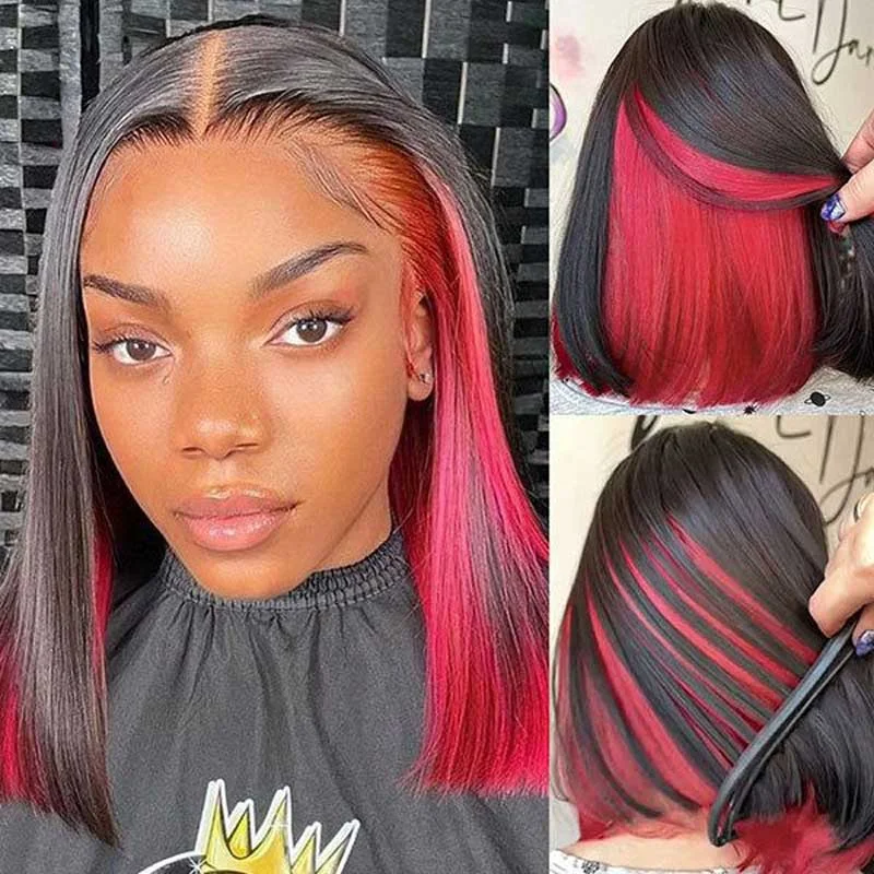 Heat - resistant bob wig for styling versatilityAlibonnie Hidden Color Straight Bob Wigs 4x4 13x4 Lace Wigs With Red/Pink/Blue Peekaboo Highlights