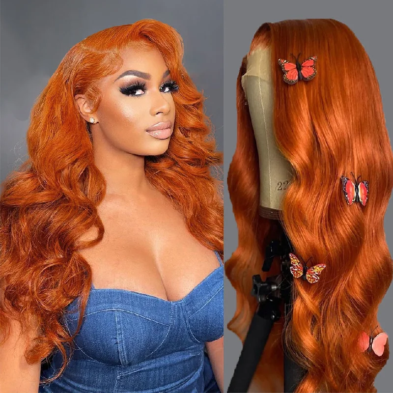 Synthetic colored wig with a heat - resistant formula for easy stylingAmazing Orange Ginger Pre-colored Human Hair Wigs 13x4 HD Lace  Wig