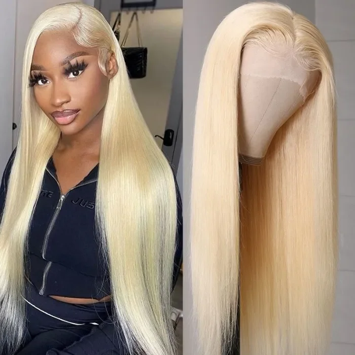 Colored wig with a silver - grey color for a trendy and cool - toned lookAngie Queen 100% Virgin Volume Human Hair Soft Long 613 Blonde Straight Lace Frontal Wig