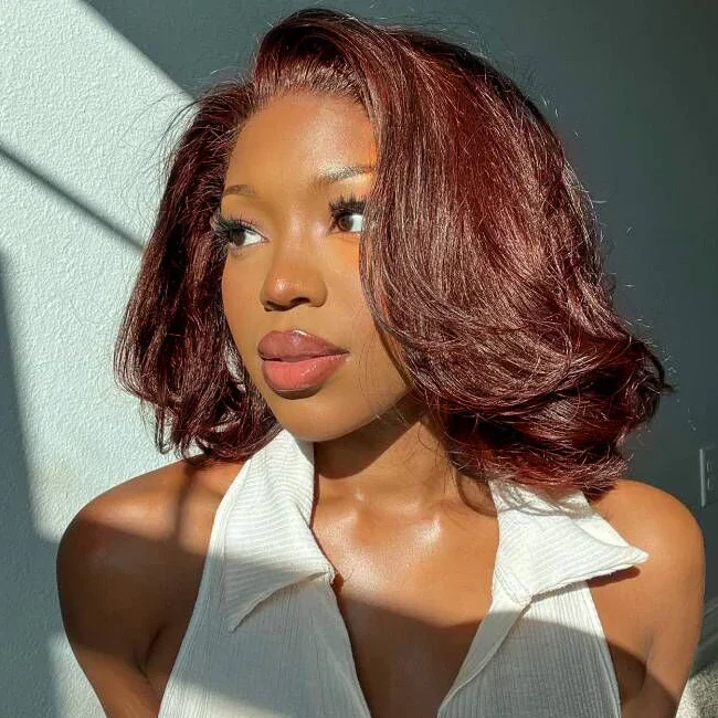 Colored wig with a side - part for a more flattering appearanceAngie Queen 10A Reddish Brown Short Body Wave 13x4 Lace Front Wigs 14 Inches