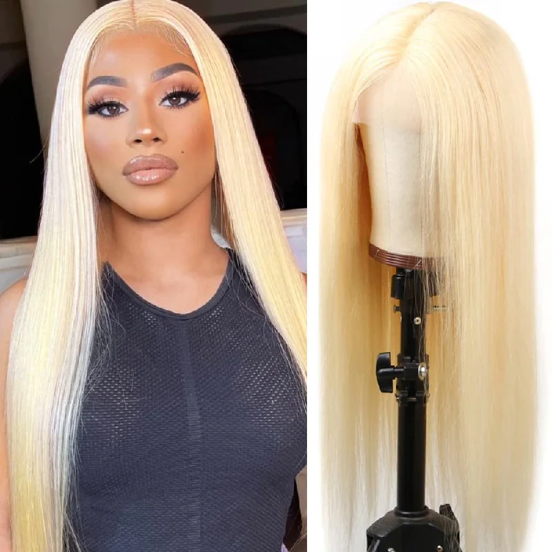 Colored wig in a vibrant pink color for a bold and eye - catching lookAngie Queen 13x4 Middle Part 613 Blonde Straight Human Hair Lace Front Wigs