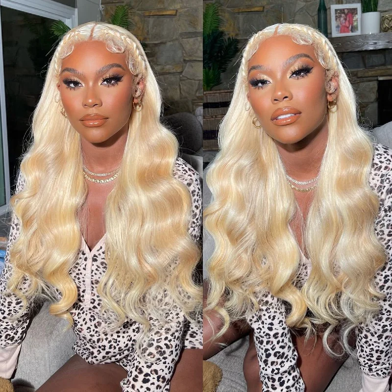 Colored wig with a middle - part for a classic and elegant styleAngie Queen 13x4 Middle Part Lace Front Wigs 613 Blonde Body Wave Human Hair  Wigs 180% Density