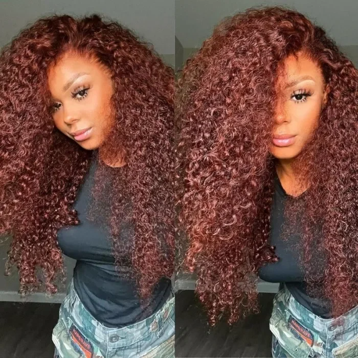 Adjustable - cap colored wig for a comfortable fitAngieQueen 13*4 Lace Front Jerry Curly Human Hair Wig Reddish Brown Color 180% Density