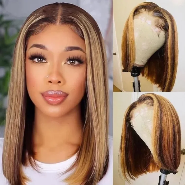 Colored wig with a middle - part for a classic and elegant styleAngieQueen 13x4 Highlight Straight Bob Lace Front Virgin Hair Wigs Ombre Color Pre Plucked