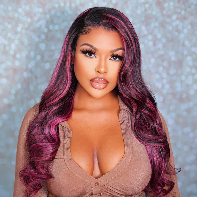 Colored wig in a vibrant pink color for a bold and eye - catching lookAngiequeen 13x4 Lace Front Pink Highlights Sliky Straight Human Hair Wigs