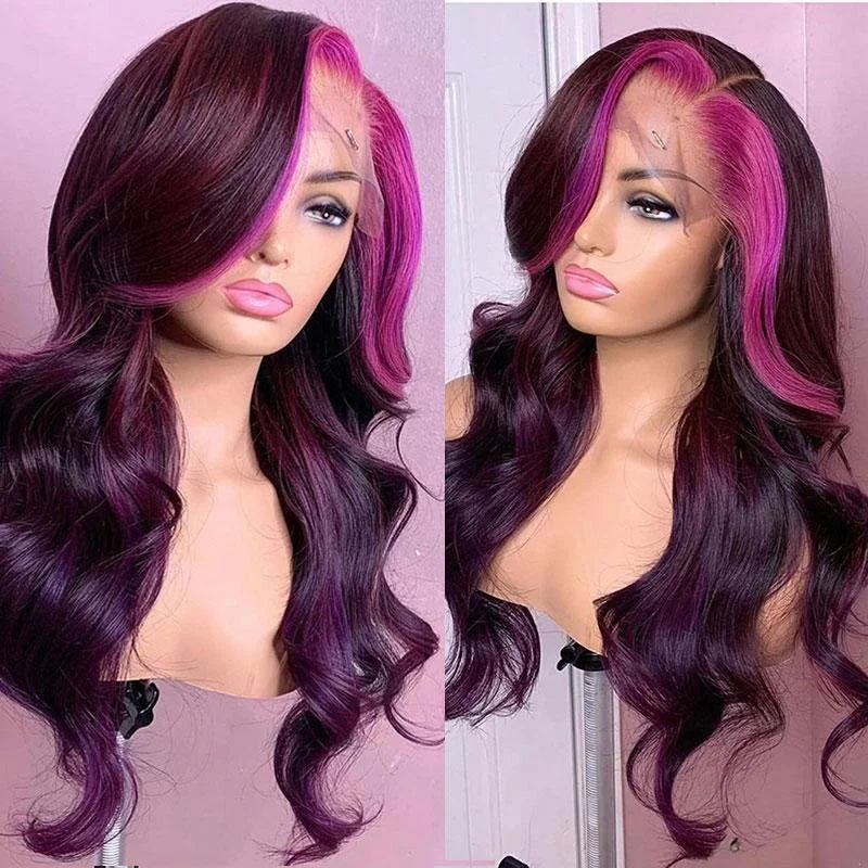 Colored wig with a natural - looking root for a more realistic lookAngieQueen 13x4 Lace Front Wig Highlight Pink Purple Body Wave Humen Hair Wig