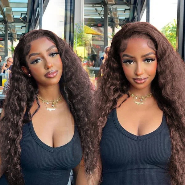 Colored wig with a natural - looking root for a more realistic lookAngieQueen #4 Dark Brown Wig Human Hair Lace Front Wig Brown Hair Wig Deep Curly 180% Density