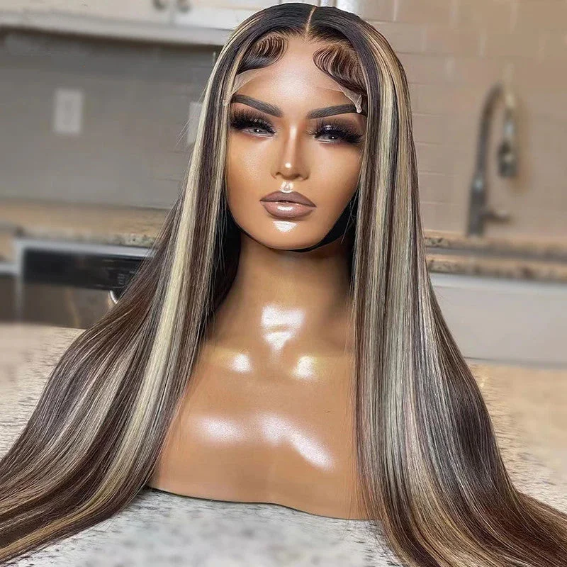 Human - hair colored wig for a natural and luxurious feelAngieQueen Brown Blonde Highlight Wig Human Hair 13x4 Silky Straight Lace Front Wig 180% Density