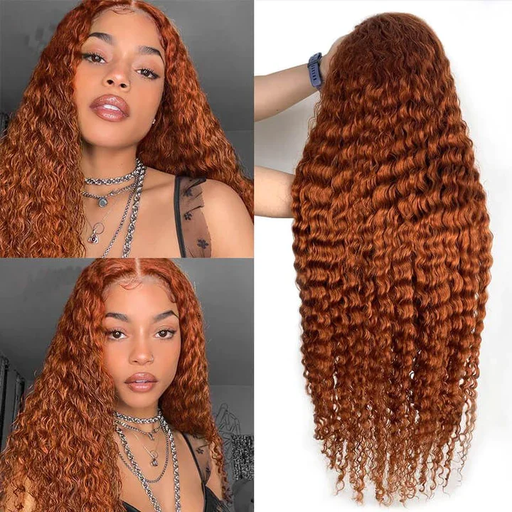 Synthetic colored wig with a heat - resistant formula for easy stylingAngieQueen Deep Curly Lace Front Wig Ginger Blonde Colored Human Hair Wigs